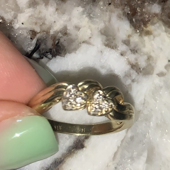 Vintage 14K Gold Diamond Double Heart Ring, Handmade, Stamped, Approx. Size 7.5 - Picture 9 of 10